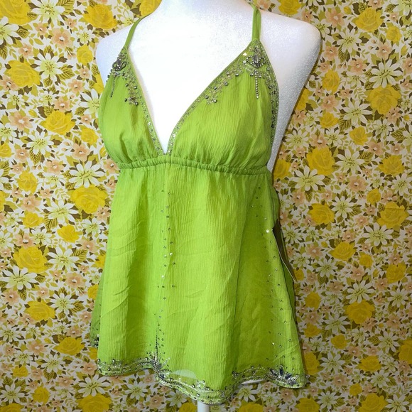 Id entity Tops - Women’s id|entity y2k summer beaded and bejewled green silk halter top